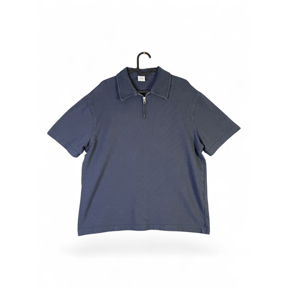 Zara Man‎ Textured Quarter Zip Polo Shirt Navy Blue Short Sleeve Small